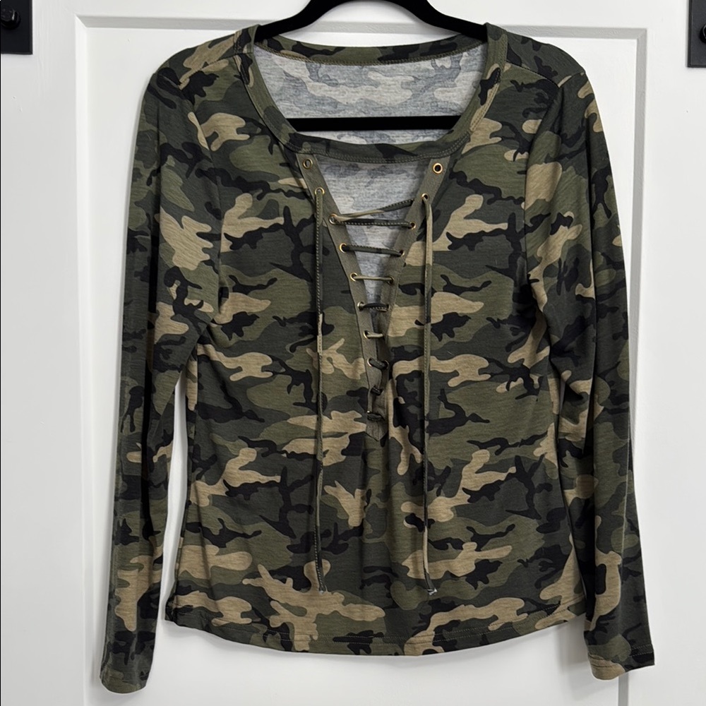 Camouflage Lace-Up Long Sleeve Top